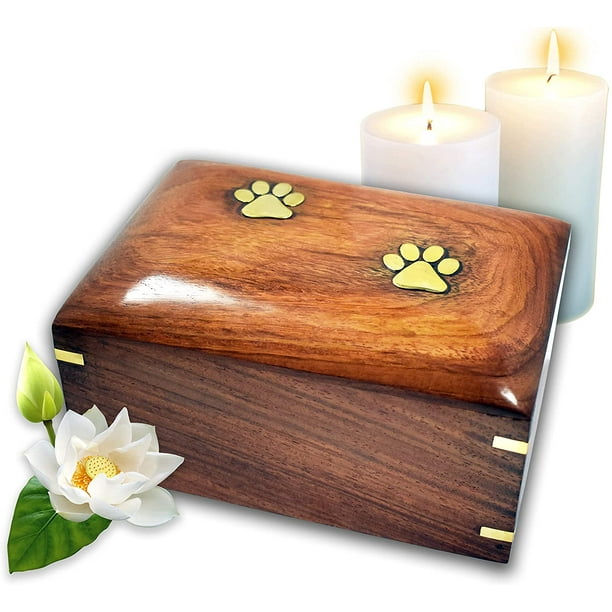 Lindia Artisans Beautiful Wooden Pet Urn with Brass Paw Design (Medium