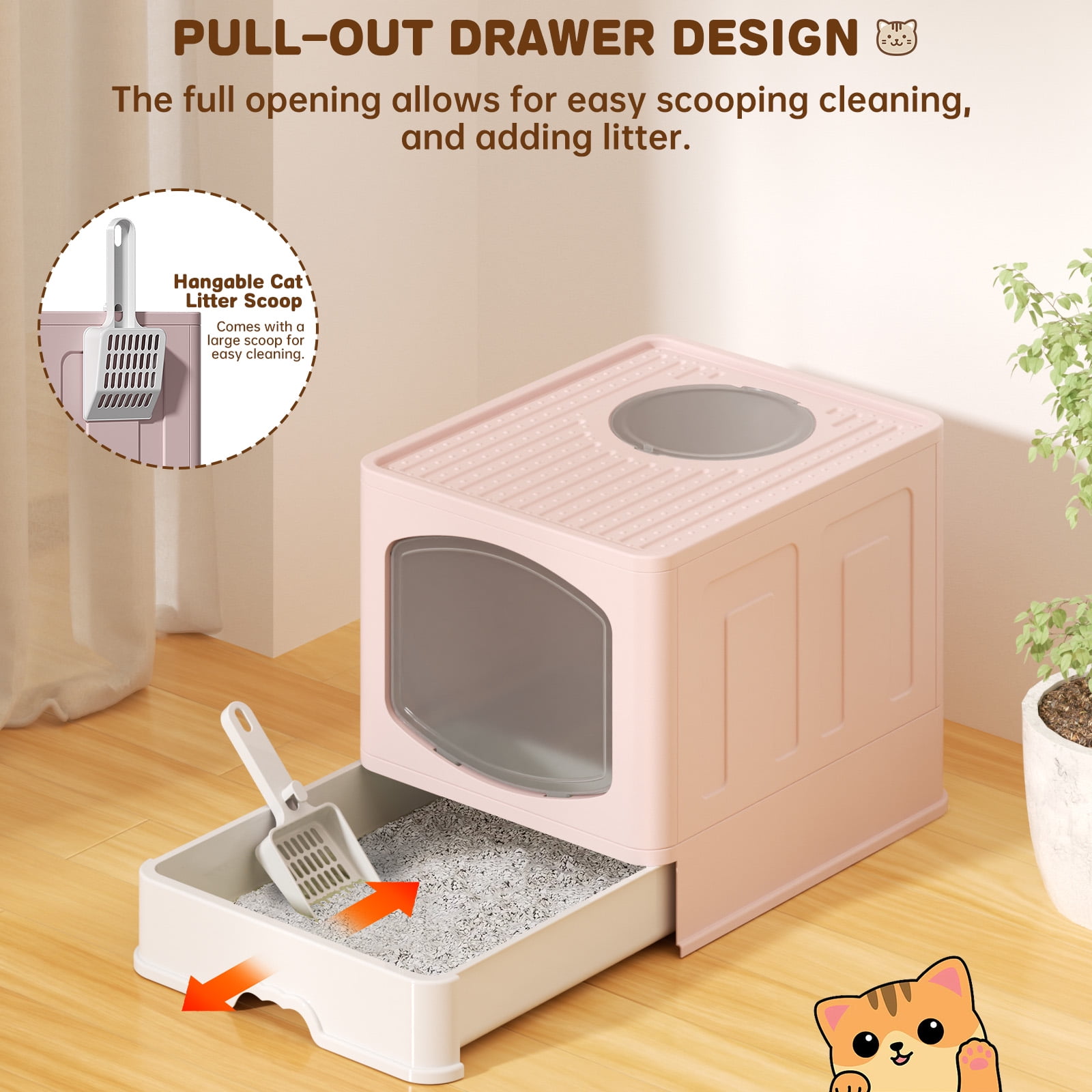 Cshidworld Large Foldable Cat Litter Box with Scoop, Front Entry Top Exit Cat Litter Pan with Lid, Enclosed Anti-Splashing Kitty Litter Box, Drawer Type Cat Litter Easy Cleaning and Scoop, Pink