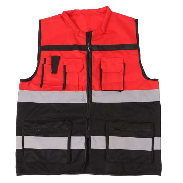 Chaleco reflectante rojo y negro con cuello redondo y múltiples bolsillos para trabajo de seguridad en construcción y transporte.