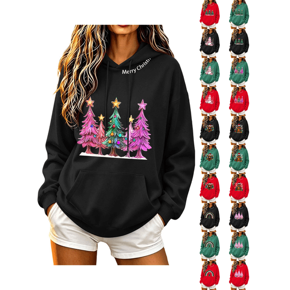 Zynoxe Hooded Sweatshirt Women with Kangaroo Pocket Drawstring Pullover Hoodie Realxed Long Sleeve Print Sweatshirts Fashionable Christmas Sweatshirts for Women #A Black S
