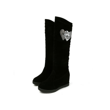 

Eloshman Women Snow Boot Comfort Warm Bootie Plush Lined High Heel Boots Work Non-Slip Winter Booties Fashion Shoes Heart Black 4.5
