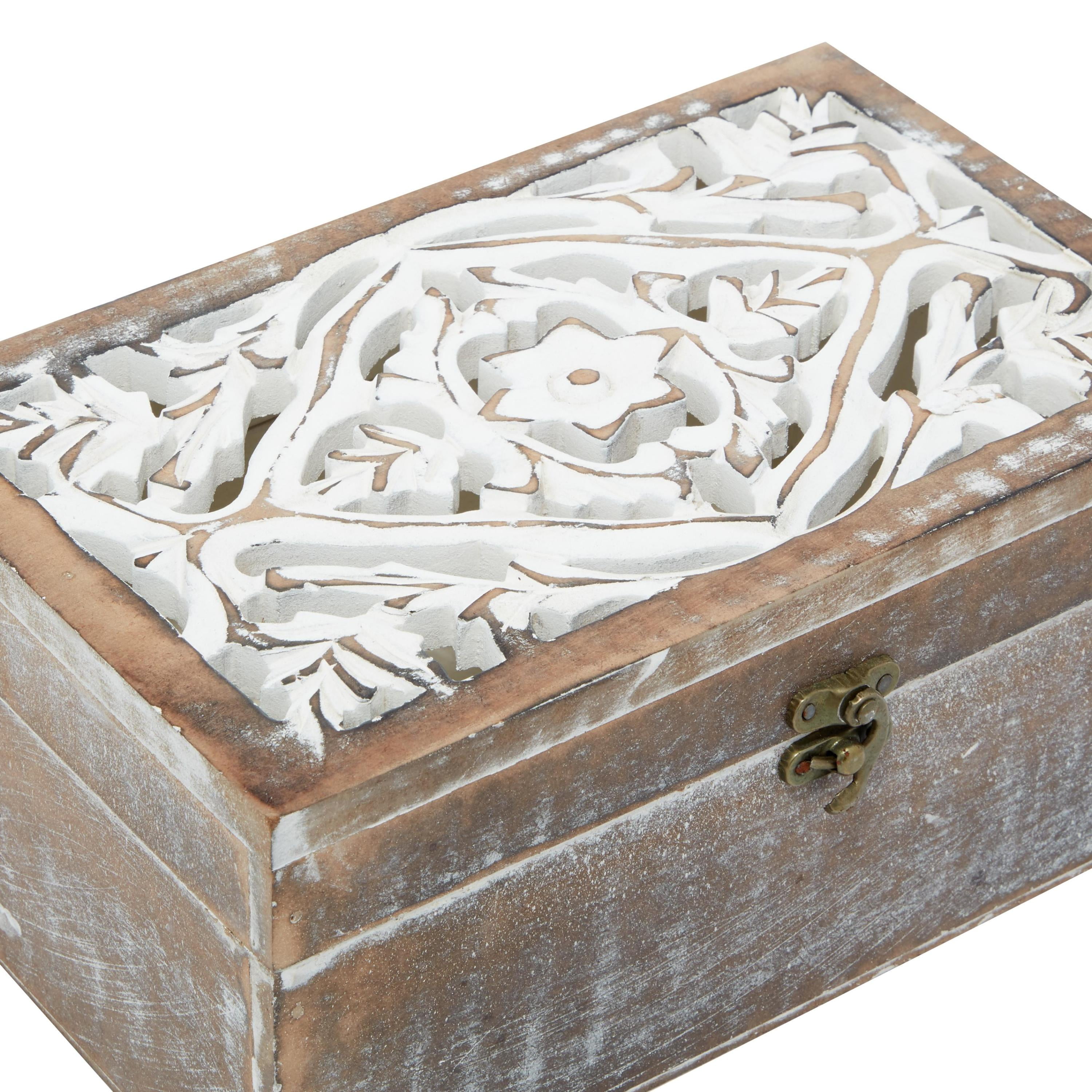 DecMode Floral Handmade Brown Wood Decorative Box with Hinged Lid, 3 Count
