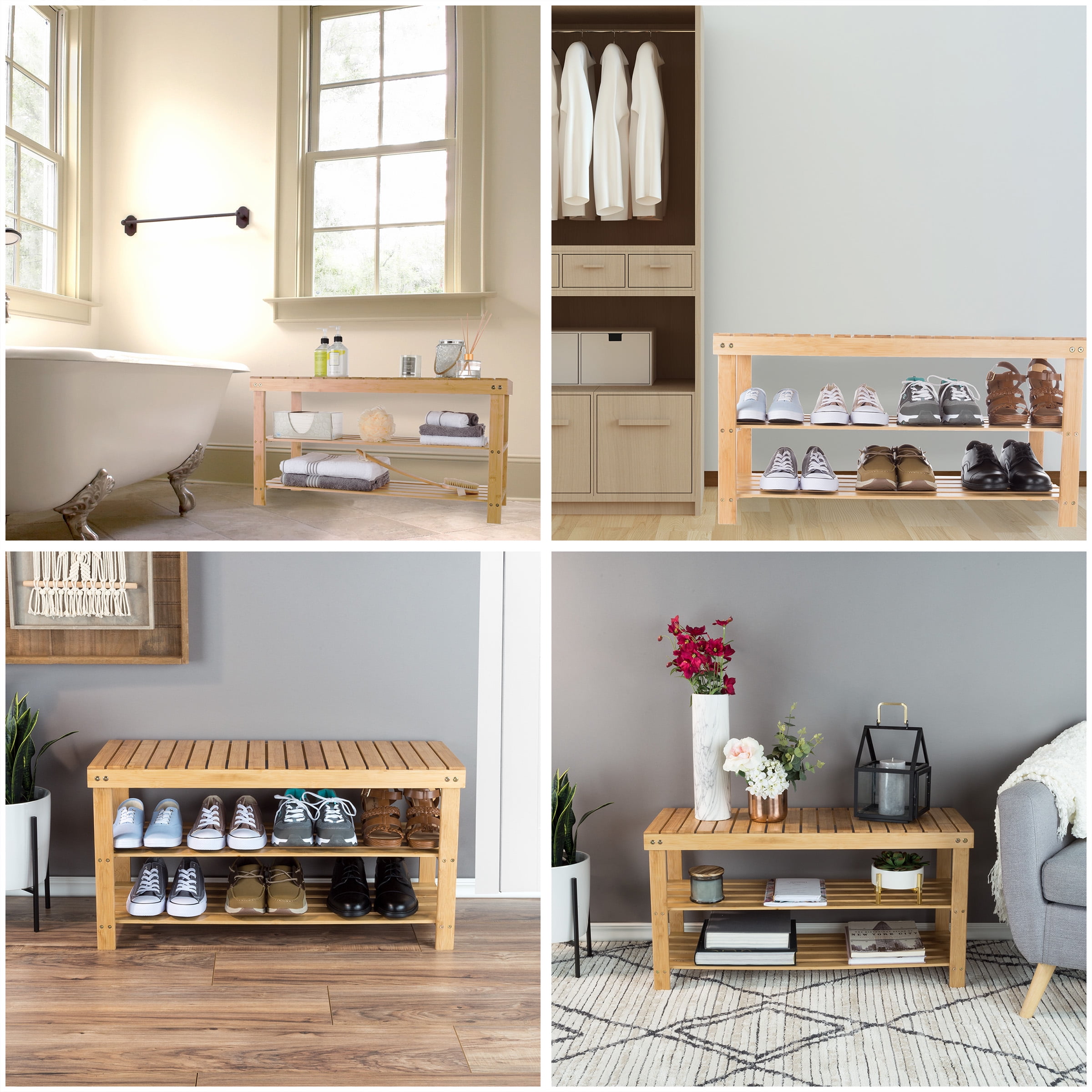 Bamboo Shoe Rack Bench with 2 Shelves-Eco-Friendly Natural Wood Seat Storage and Organization-For Bedroom, Entryway, Hallways, Closets by Lavish Home