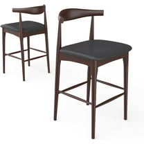 Fohfurniture Set of 2 Pu Leather Dining Chairs, Elbow Wood Walnut Barstool with Black Cushion for Bar Home Coffee Shop, Bar Height