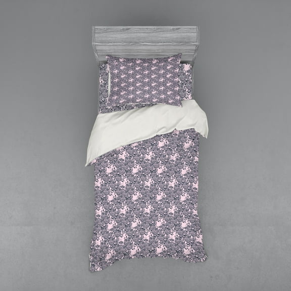 Ambesonne Floral Bedding Set 3 Pcs, Bindweed Flower Bells Design, Twin, Petrol Blue Mauve