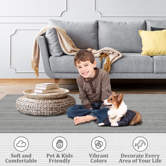 Large Modern Living Room Rug 10x13 Washable Area Rug – Non-Slip Stripe Floor Carpet, Low Pile Pearl Velvet Soft Rug, Foldable Print Rug for High Traffic Areas in Bedroom, Nursery, Gray Tones