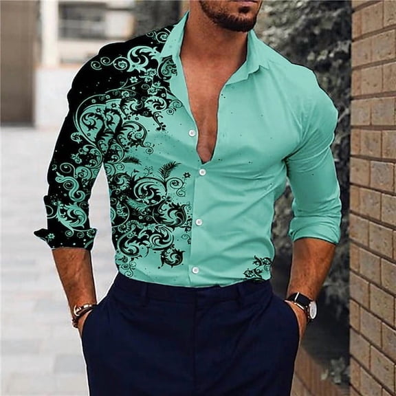 Men Shirt Casual Lapel Collar Long Sleeve Shirts Floral Pattern 3D Print Shirt Summer Button Down Blouse Top Comfortable Outdoor Street T Shirt Clothing Green 3XL