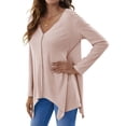 thumbnail image 3 of ZXSXSY Women Solid Color V Neck Long Sleeve High-Low Hem Top, 3 of 6