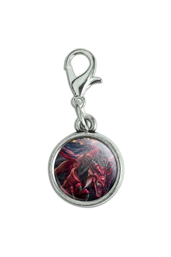 Evil Red Dragon Burning Castle Night Fantasy Antiqued Bracelet Pendant Zipper Pull Charm with Lobster Clasp
