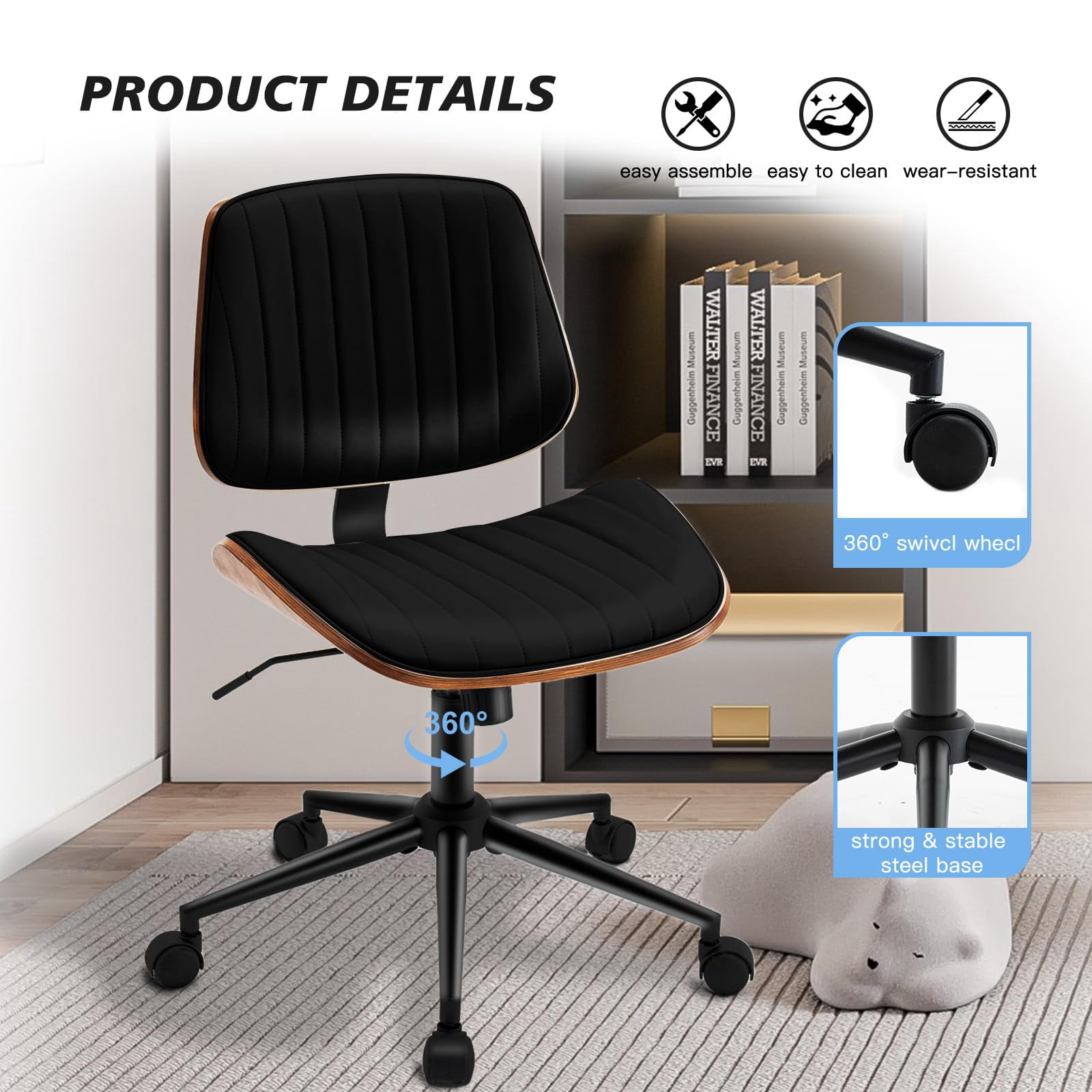Rongbuk Home Office Chair, PU Leather Comfy Office Desk Chair with Wheels, Adjustable 360° Swivel Ergonomic Computer Chair, Armless Modern Vanity Chair Walnut Chair for Home Office, Black