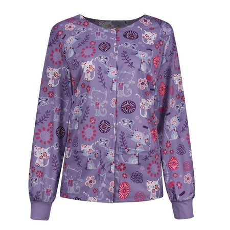 

SQUARE CARMEN Casual Fashion Long-sleeved Stand-up Collar Single-breasted Printed Protective Overalls Jacket Top Purple XXXXL