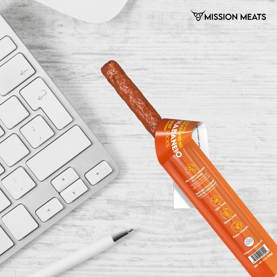 Mission Meats Beef Sticks – 100% Grass Fed & Pasture Raised, Sugar Free, Individually Wrapped Healthy Snacks, Whole 30 & Paleo Friendly, Habanero Smoked 1oz (12ct)