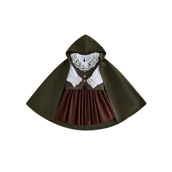 RUINIXCW Toddler Baby Girl Renaissance Outfit Costume Kids Halloween Medieval Costume Green Hooded Cloak Brown Vest and White Tops Skirt 4 Piece Set