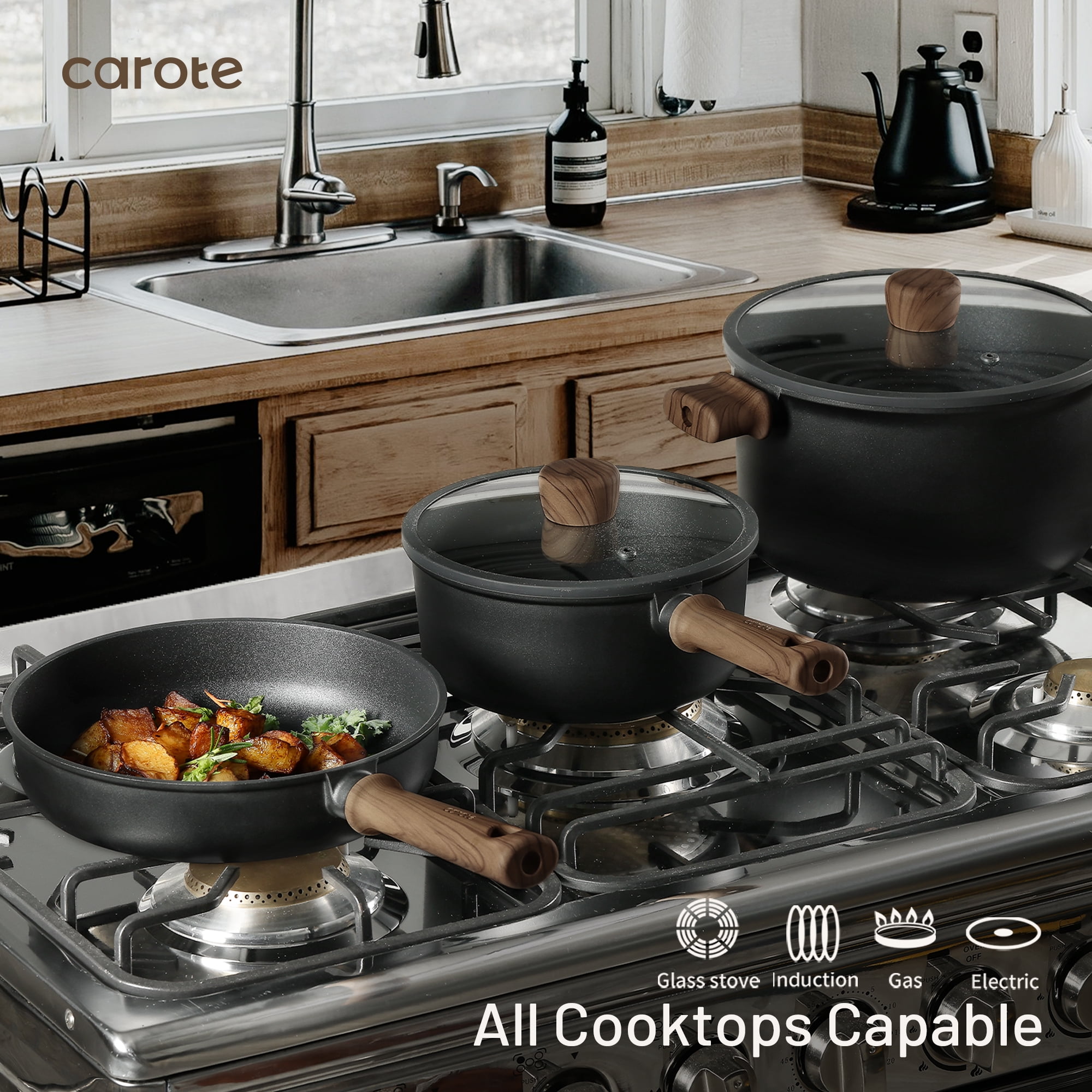 Carote Nonstick Cookware Sets, 15 Pcs Granite Non Stick Pots and Pans Set, Induction Cookware, Black