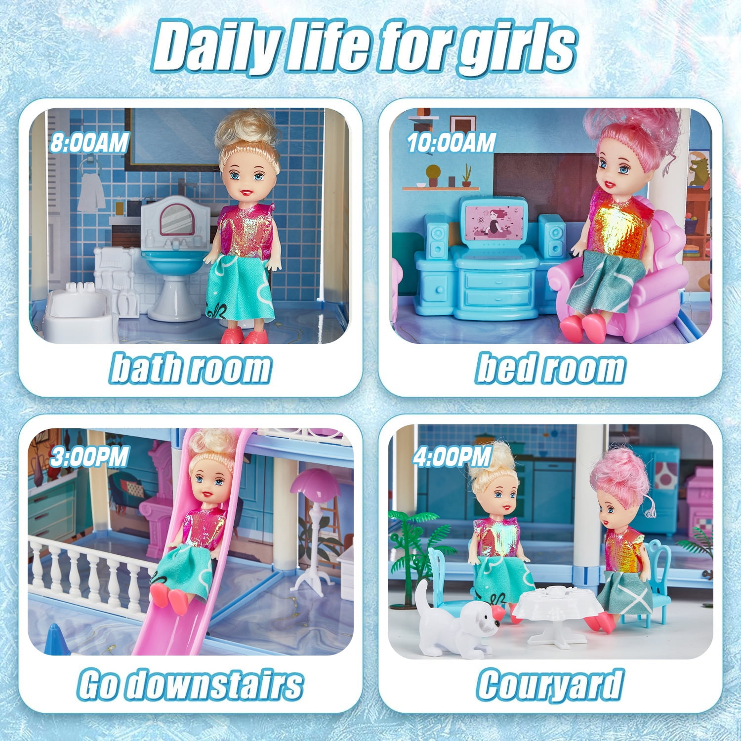 Anpro 4 Stories 14 Rooms Dollhouse for Kids, Princess Dollhouse with Asseccories & Furniture, Pretend Doll House Play Set Toy Age 3+ Toddlers Girls, Blue