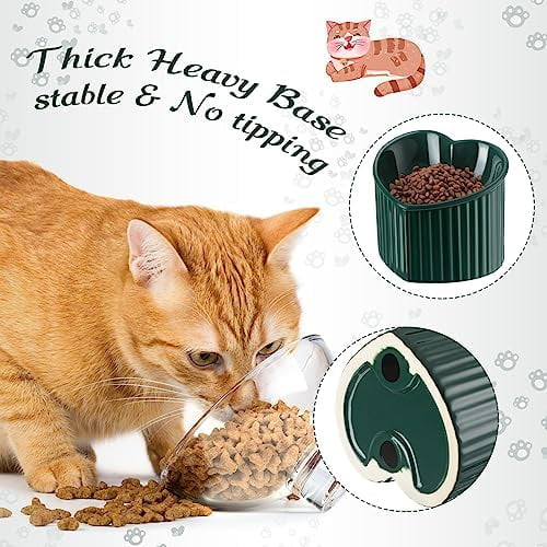 2 Pcs Ceramic Elevated Cat Bowls Tilted Elevated Raised Pet Bowls Anti Vomit Cat Dish for Indoor Stress Free Water Dish Feeder for Puppies, Heart Shaped(Peacock Green)