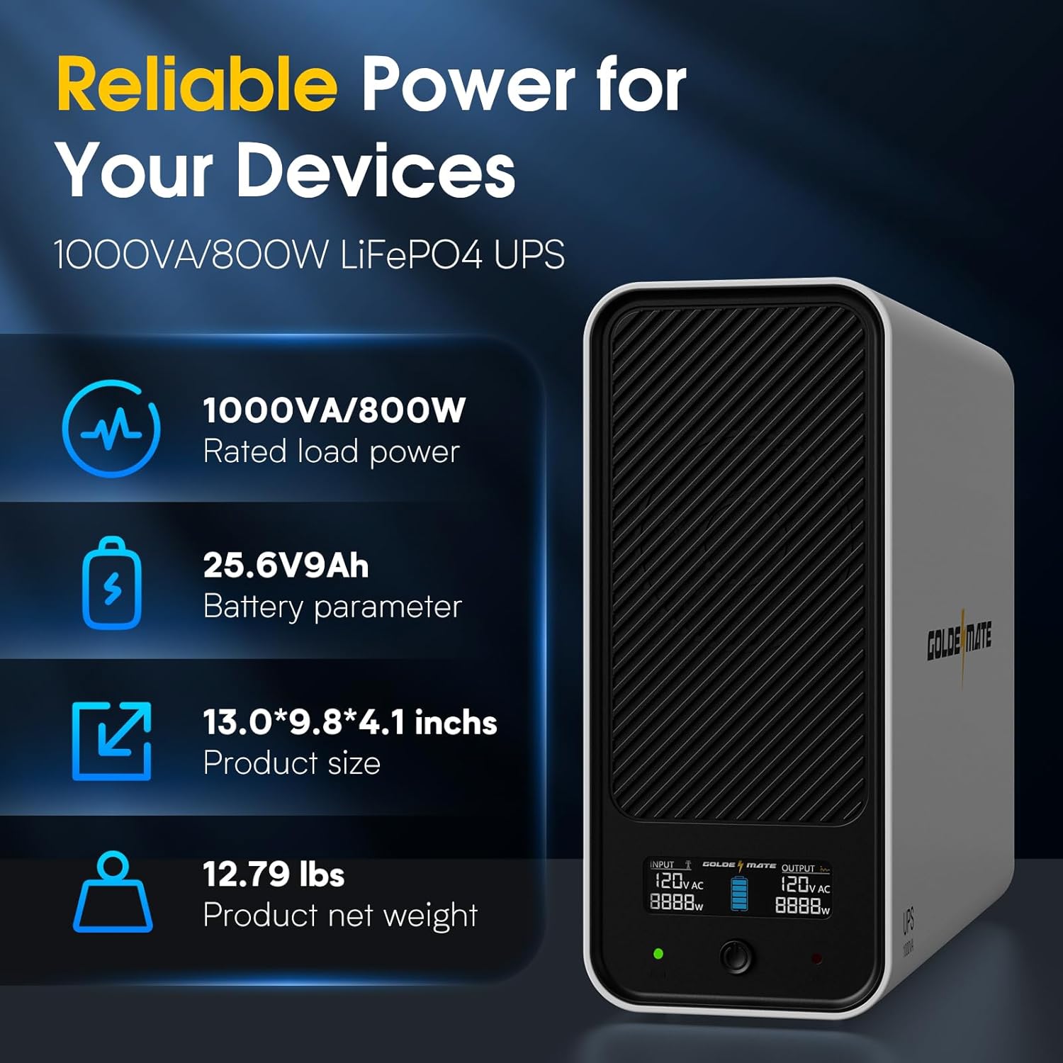 GOLDENMATE 1000VA/800W Lithium UPS Battery Backup and Surge Protector with Pure Sine Wave, Communication Port, 8 Outlets and LCD Display