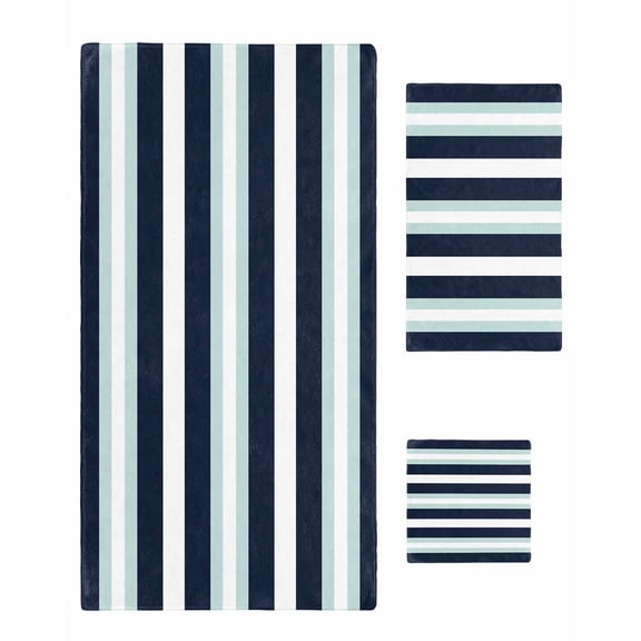 Aqua Navy Blue Striped Towel Set of 3, Soft Microfiber Bath Towels, Hand Towel, Washcloths, Modern Abstract Lines Geometric Quick-Dry Absorbent Towels for Bathroom Kitchen Hotel Beach Gym Spa