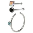 thumbnail image 3 of Hot Silver Women's 22G Surgical Steel Nose Hoop Trio with Aqua, Aurora, Black Crystal Accents, 3 of 5