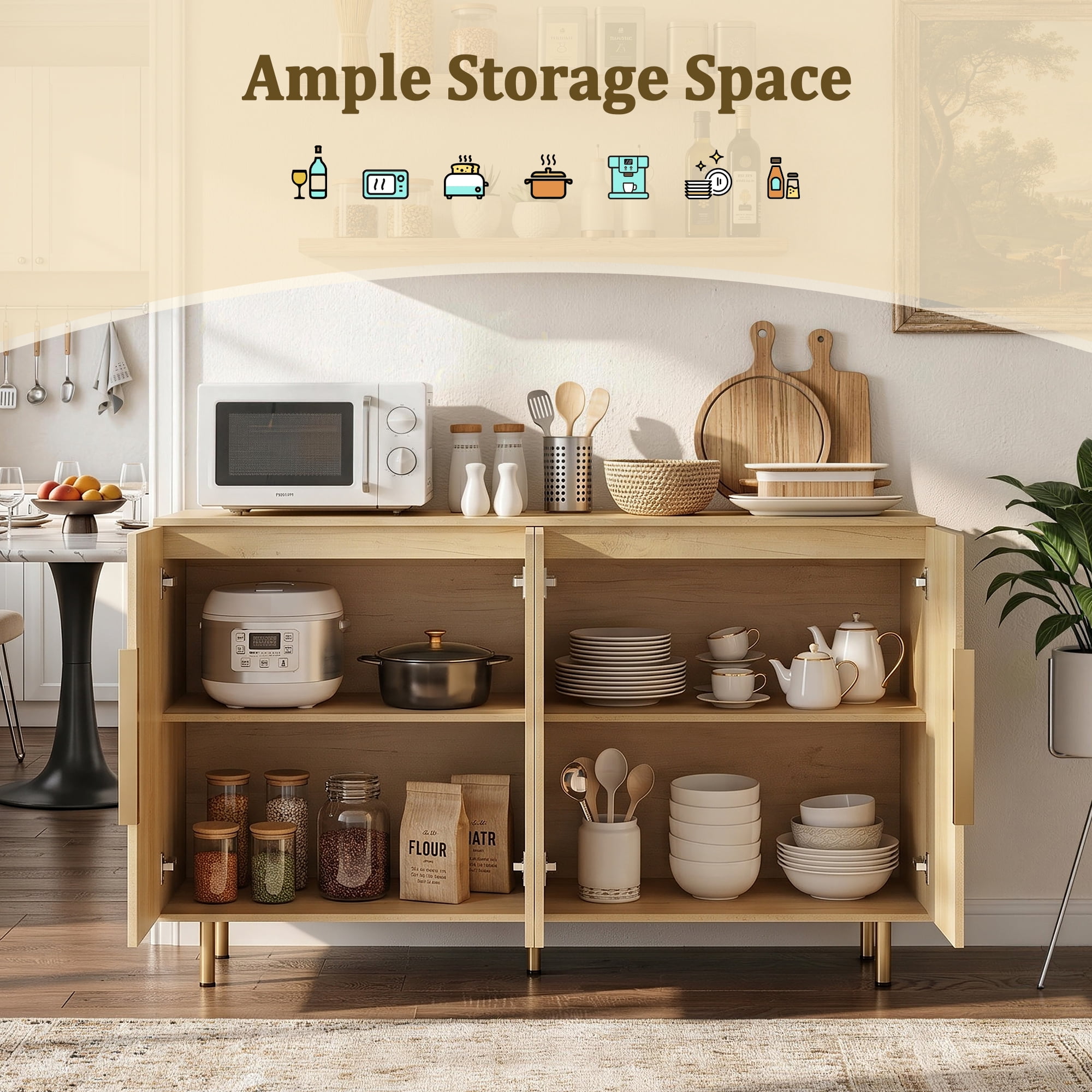Aukfa 56.7" Modern Sideboard Buffet Cabinet with Adjustable Shelves, Accent Credenza Organizer,Natural