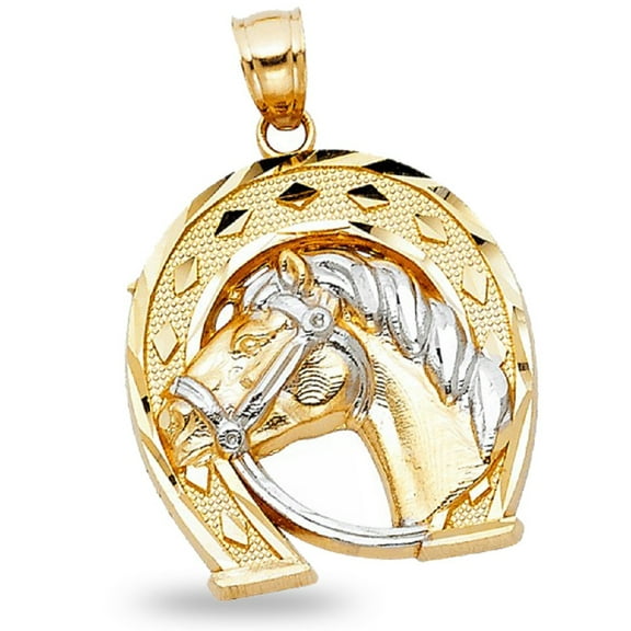 14k Solid Yellow White Gold Horseshoe & Horse Head Pendant Polished Charm Two Tone 23 x 22 mm