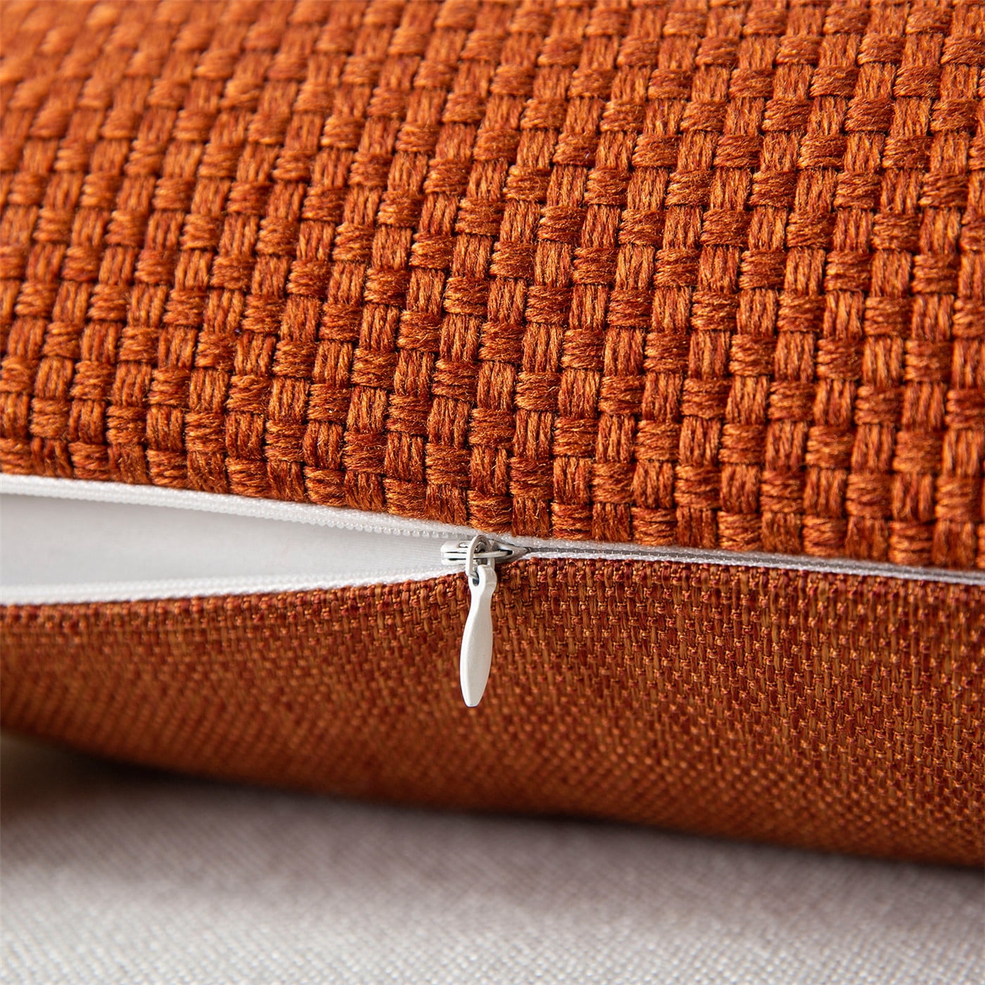 Phantoscope Classic Woven Textured Thick Solid Color Checker Plaid Series Outdoor Decorative Throw Pillow for Patio, 18" x 18", Orange, 2 Pack
