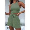 thumbnail image 4 of Conjuntos de Verano para Mujer, Conjunto Informal de 2 Piezas con Top Corto y Pantalones Cortos de Punto Gofre, Ropa de Dormir, Verde , XL, 4 of 8