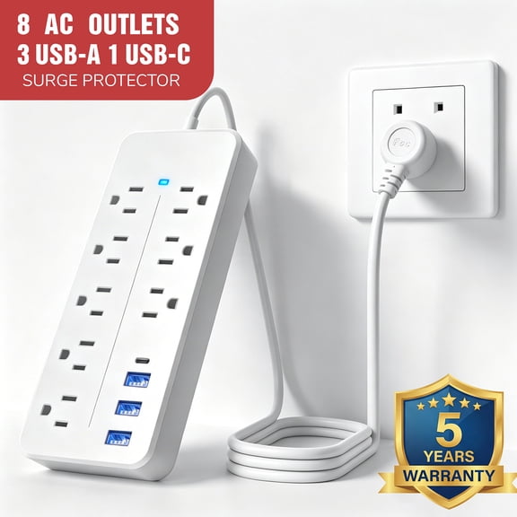 Lefree Surge Protector Power Strip with USB Ports 4-Foot Extension Cord - 12 Outlet for Indoor/Office Use, White