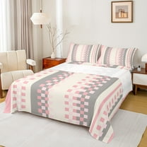 Manfei Modern Abstract Ombre Twin Sheet Sets, Chic Pink Rectangle Plaid Twin Fitted Sheet, Teens Adult Female Man Flat Sheet, Breathable Home Decor, 3-Piece
