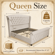 VanAcc Queen Size Frame, Chenille Upholstered Sleigh Bed Frame with Scroll Wingback Headboard & Footboard/Button Tufted/No Box Spring Required/Cream