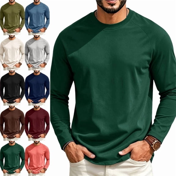 Men's Long Sleeve T-Shirt Midweight Combed Cotton Casual Tee with Rib Cuffs Plain Crew Neck Basic Shirts Dark Green 220