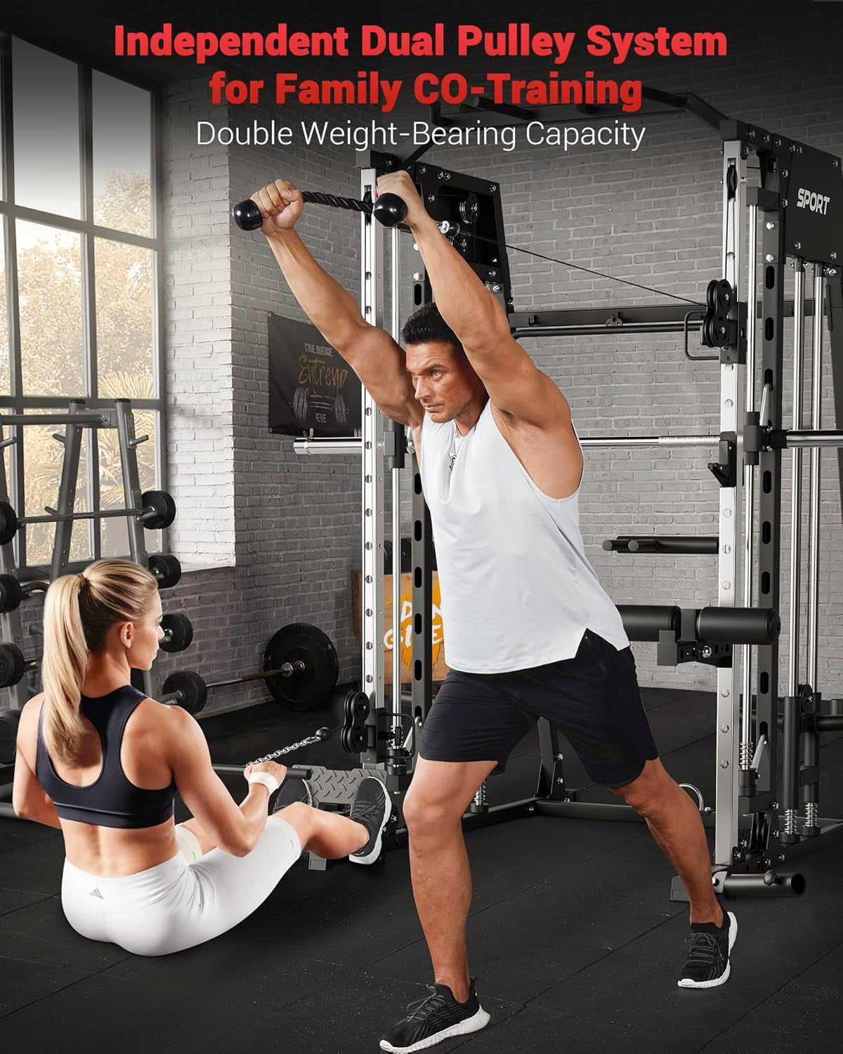 IdealHouse 2200LBS Smith Machine Home Gym, All-in-One Power Cage Squat Rack with LAT Pull-Down, Dual Pulleys & Attachments, Black