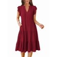 thumbnail image 3 of Womens Summer Dress Ruffle Sleeve V Neck Midi Dresses Tiered Boho Beach Sundress Wine Red S, 3 of 9