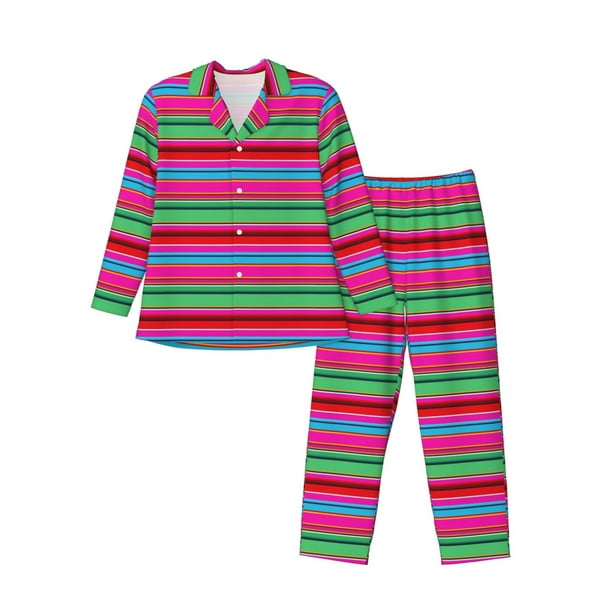 Fotbe Colorful Mexican Stripes Pijama de Hombre con Estampado de Manga Larga, Conjunto de 2 Piezas, Ropa de Dormir Suave y Cómoda con Bolsillos-Small