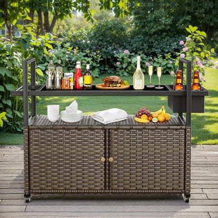 PARKWELL Outdoor Grill Cart,Portable Prep Table with Storage Cabinet,Grill Station Kitchen Island Rolling Bar Cart for for Grilling Accessories, Brown