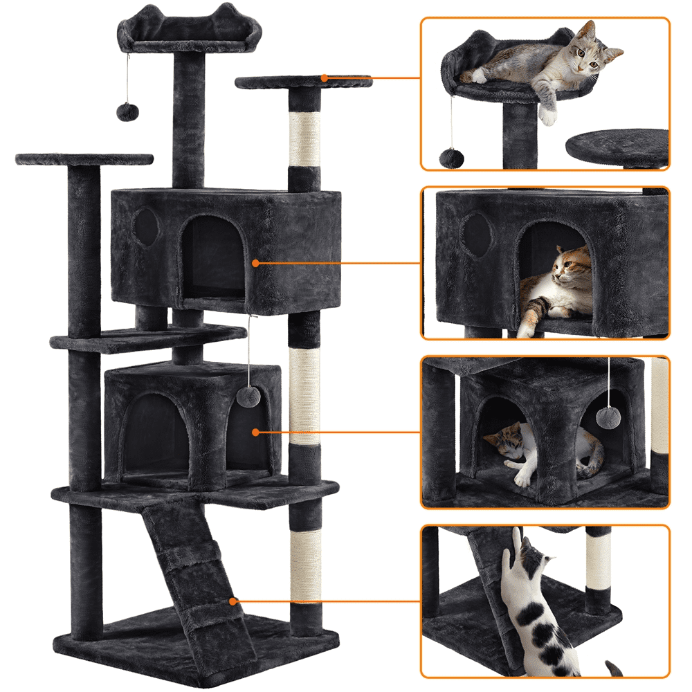 Alden Design 70" H Double Condo Cat Tree with Scratching Post Tower, Black