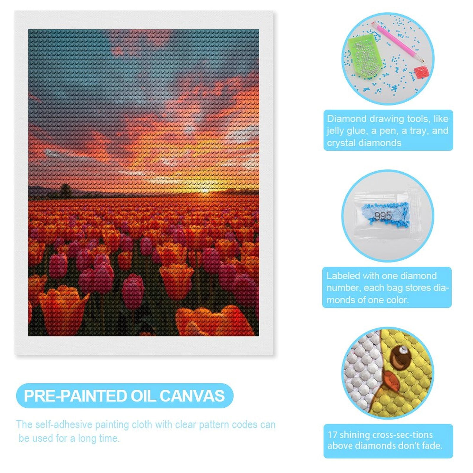 Diamond Art Kits for Adults - Sunset Over Tulip Field 5d Diamond Painting for Adults, Diamond Art for Adults Beginners, Frameless Diamond Painting Kits for Adults for Home Wall Decor