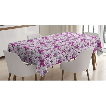 

Butterfly Tablecloth Flora and Fauna Image with Contrast Colors Hand Drawn Natural Pattern Vintage Rectangle Satin Table Cover for Dining Room and Kitchen 52 X 70 Purple White by Ambesonne