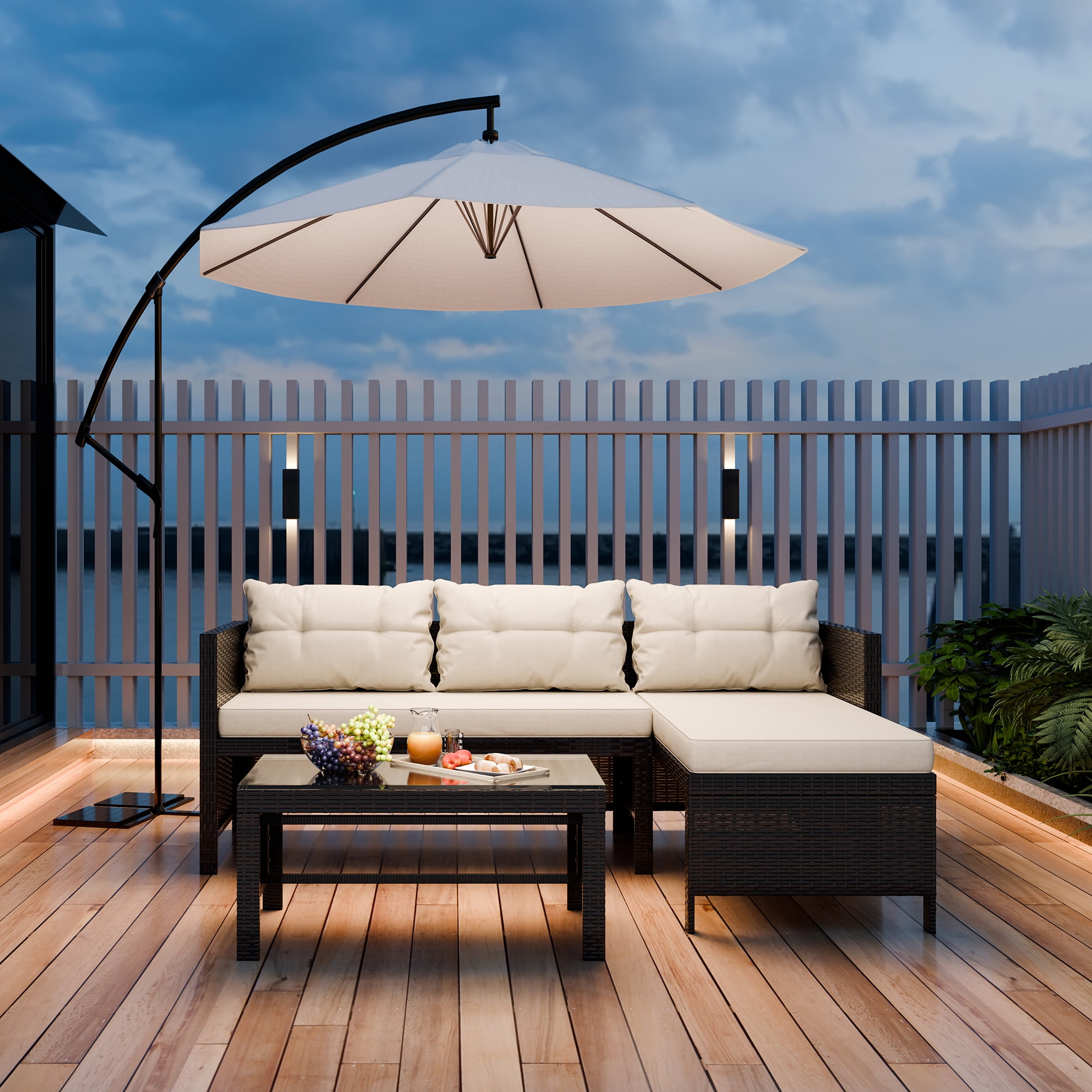 Walsunny 3 Pieces Patio Furniture Set Weaving Wicker Rattan All Weather Patio Seating Sofas with Cushion and Glass Coffee Table Beige