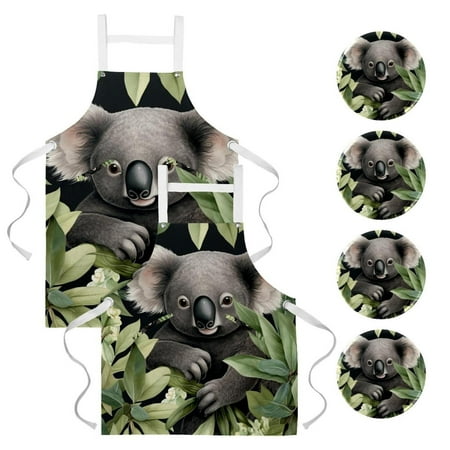 

2 Pack Adjustable Bib Apron Waterdrop Resistant with Adjustable with 2 Pockets 4 Badges Cooking Kitchen Aprons for Women Men Chef-Cute Koala Leaves