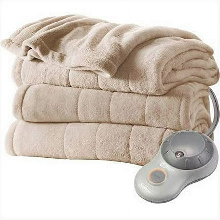 Sunbeam Luxurious Velvet Electric Heated Blanket 10-Heat Settings 2 Controls UL Certified King Seashell/Beige