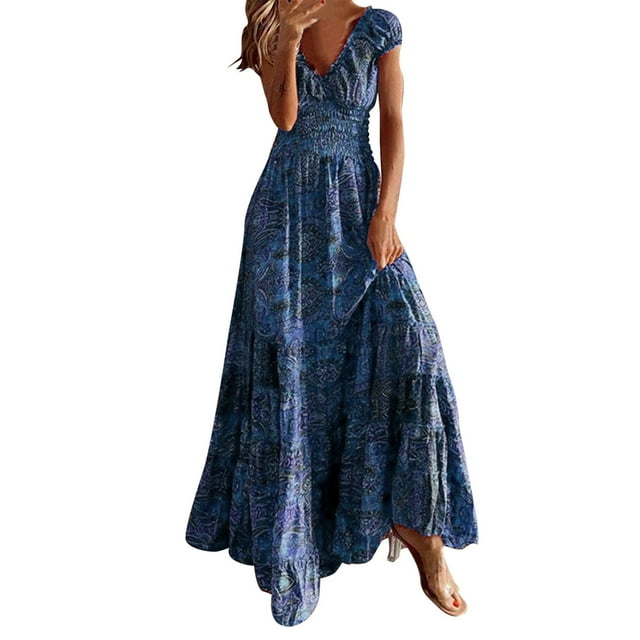 Kcodviy Robe d'Été Élégante à Manches Courtes pour Femme Robe de Soirée Fleur A Robes Extensibles pour Femmes Ligne Jupe Bohème Décontractée Sans Manches Robe Maxi Robe Maxi Robe de Fête