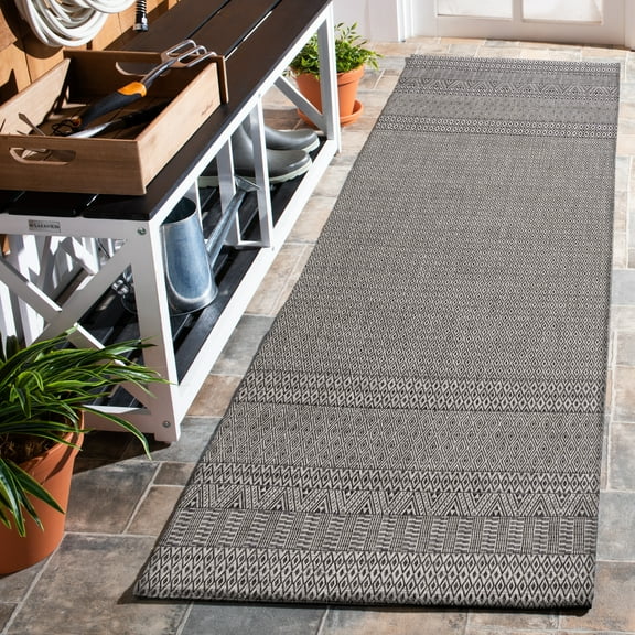 SAFAVIEH Courtyard Evander Geometric Indoor/Outdoor Runner Rug, Gray/Black, 2'3" x 20'