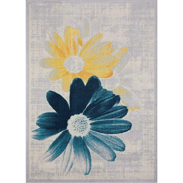 Blue Yellow Grey Gray Fl Flowers, Blue And Yellow Area Rugs