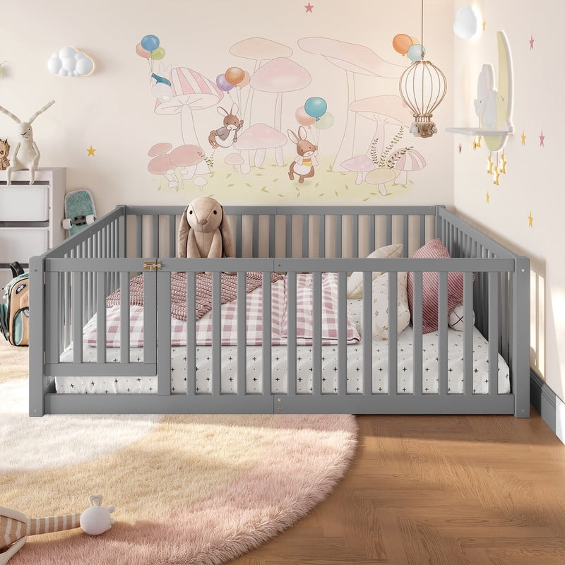 Bellemave Full Montessori Bed Frame, Wood Full Size Floor Bed with High Fence Rails, Full Beds Frame for Bedroom Playroom(Gray)