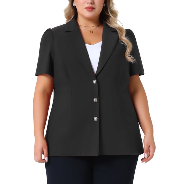 Blazers de mujer plus size GRACE & GRANDEUR, de un solo botón, con solapa, de manga corta, chaquetas de oficina 3X en negro