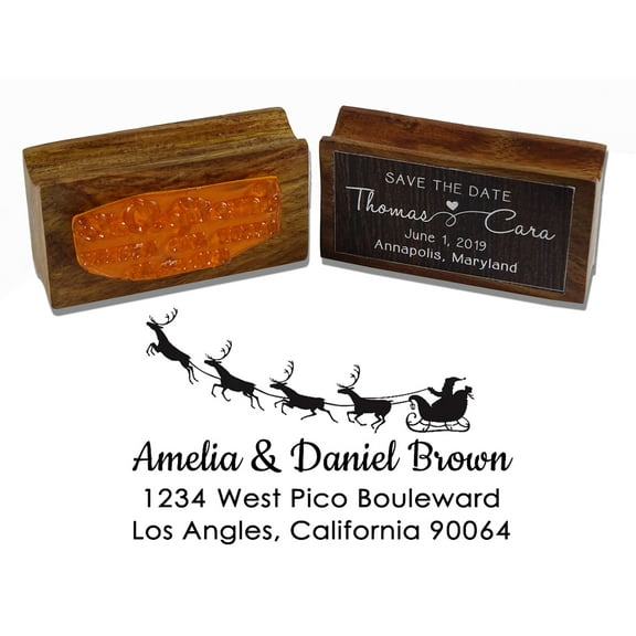 Printtoo Custom Address Christmas Santa Sleigh Reindeer Personalized Wood Mounted Rubber Stamp