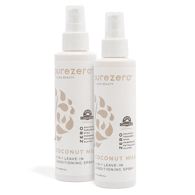 Purezero Leche de coco 9 en 1 – Spray acondicionador sin enjuague – Hidratación intensa y aumento del brillo, lucha contra la caspa y el encrespamiento, cero sulfatos, parabenos, colorantes (6 oz (paq