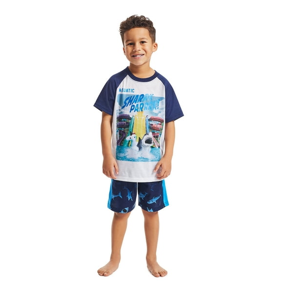 Boys 2-Piece Pajama Set, Navy Shark Metallic Ink Print Sleep Top, Navy Shorts, XL