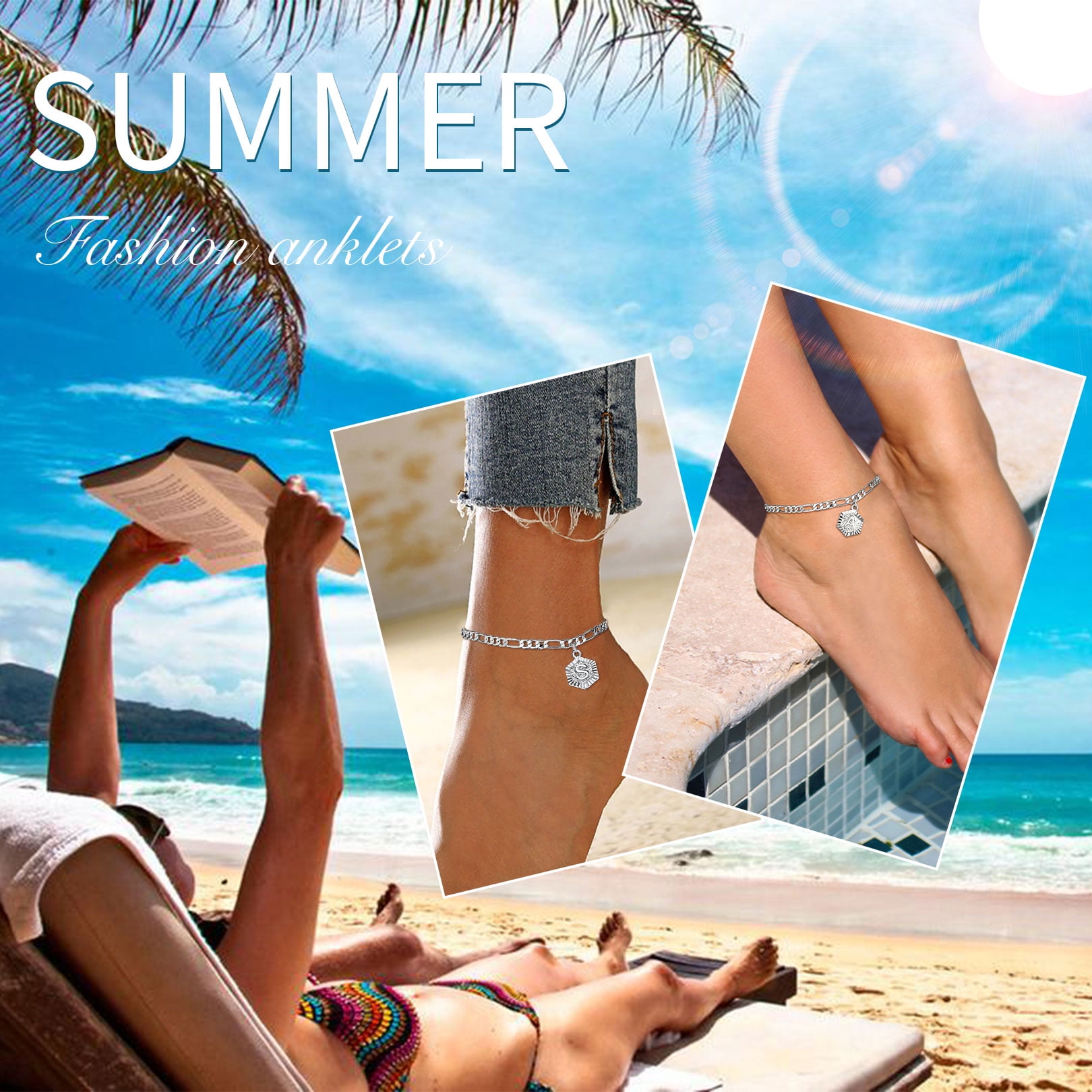 FOCALOOK Initial J Anklets for Women, Large Plus Size Figaro Chain Ankle Bracelets, Hexagon Letter Charm Summer Beach Pool Waterproof Foot Jewelry 8.5-10.5inch